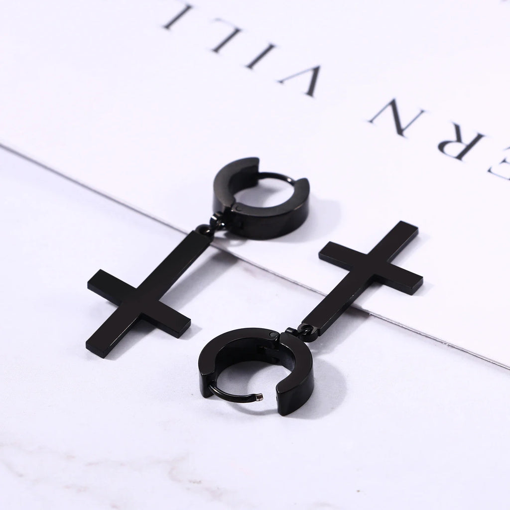 BONISKISS Men Women Stainless Steel Inverted Upside Down Cross Earring Church of Satan Temple Occult Satanic Witchy Stud Jewelry