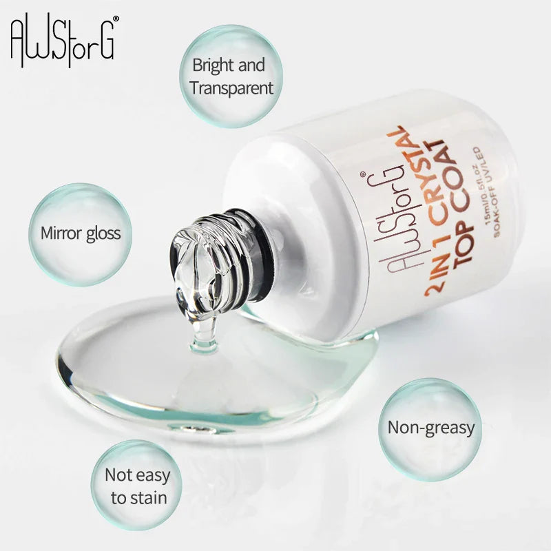AWStorG15ml 2 IN 1 Crystal Top Coat Transparent Soak Off UV LED Nails Art Manicure Gel Nail Polish Varnishes Primer Function Gel