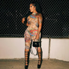 CUTENOVA Women'S Full-Body Printed Hanging Neck Big Backless Skinny Five-Point Jumpsuit Sexy Fashion Street Trend Jumpsuit