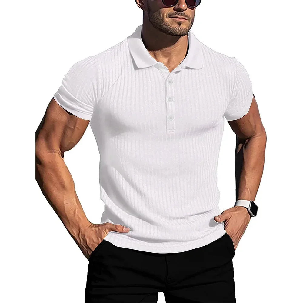 Brand Name Stylish Summer Polo - Men's Elastic Short Sleeve with Bold Stripes and Stand Collar