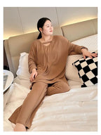 150KG Extra Large Size Loose Pajamas Women Solid Long-sleeved V-neck Two-piece Set Spring Casual Loungewear Can Be Worn Outside