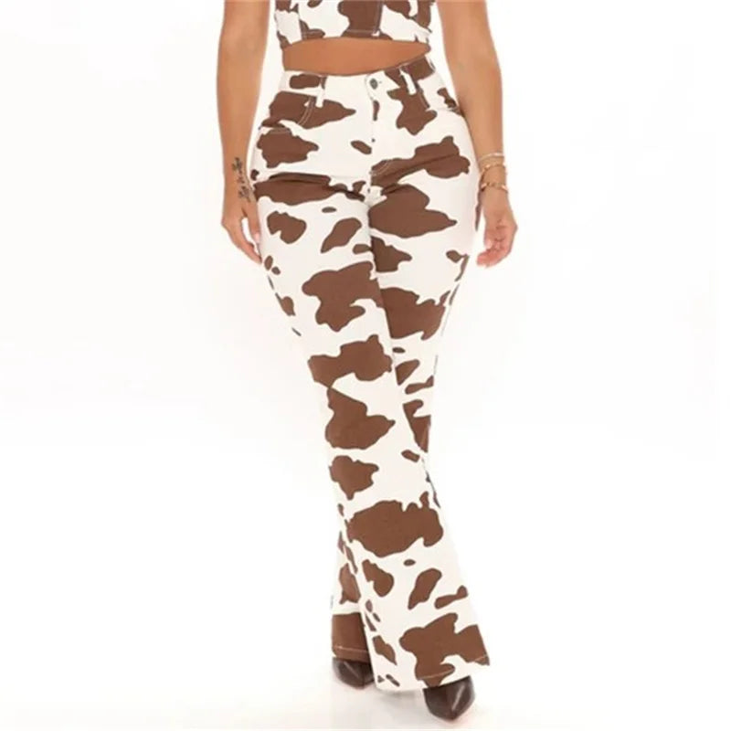 Cow Print High Waist Straight Jeans Women New Comfortable Casual Denim Pants Female Four Seasons Trousers 2024 Trend Streetwear