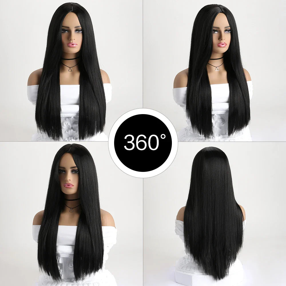 26 Inch Long Straight  Wig Mid  Bangs Women Black Ombre Heat Resistant Wigs For Daily Use Cosplay Halloween Costume Party
