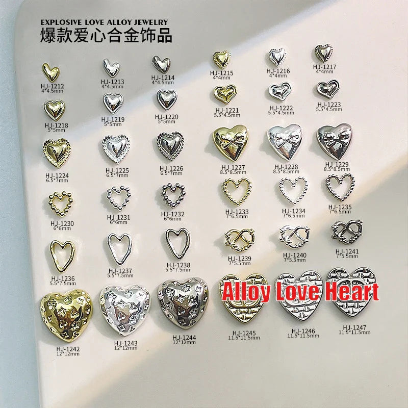 20PCS 3D Glossy Gold Silver Metallic Love Heart Various Crook Frame Solid Alloy Nail Art Rhinestones Decorations Manicure Charms