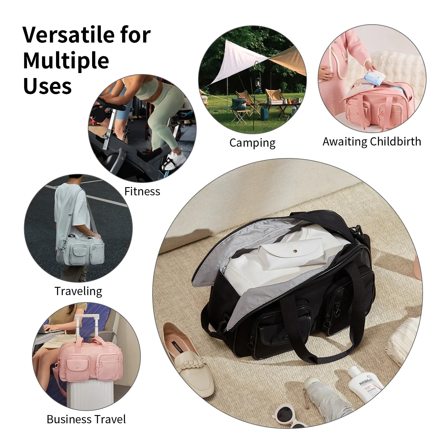 AJI Women Travel Bag Nylon Handheld Travel Bag Carry On Luggage Bag Large Capacity Weekender Gym Sport Holdall Overnight Bag