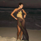 CUTENOVA Sexy Sleeveless One Shoulder Printed See Through Mesh Dresses For Women 2024 Summer High Slit Slim Beach Holiday Dress
