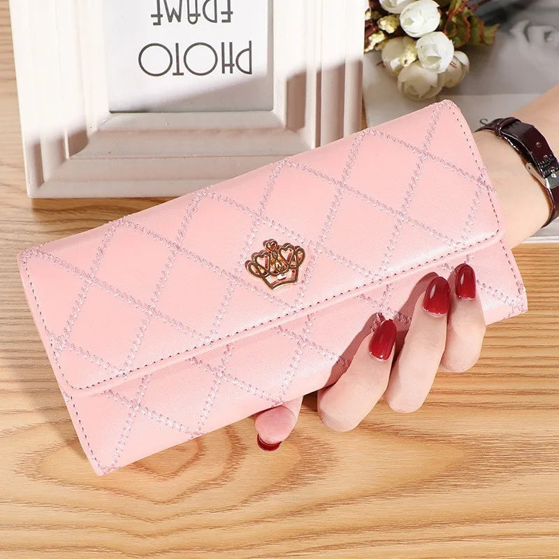 Black Long Wallets for Women PU Leather Diamond Pattern Purse Card Holder Crown Buckle Ladies Phone Bag Fashion Clutch Bag