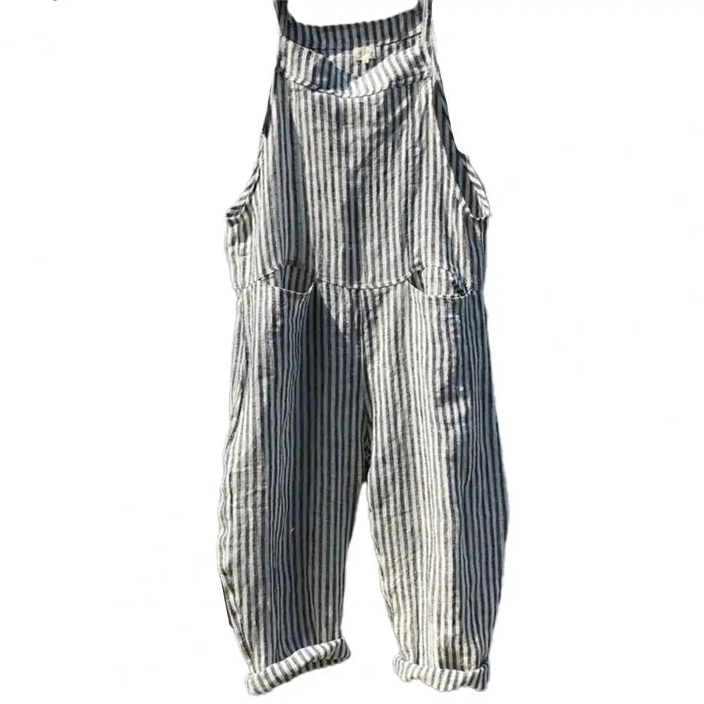 Casual Striped Print Sleeveless Jumpsuit Sling Big Pockets Wide Leg Summer Jumpsuit Women Female Clothing