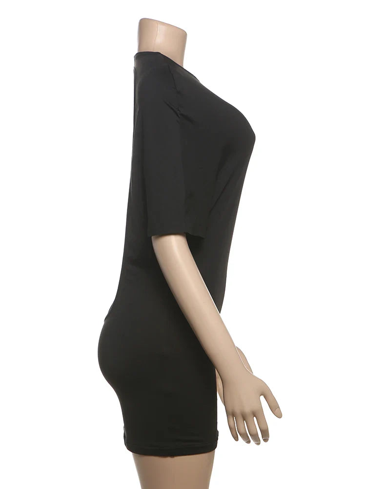 Cutenew Solid Backless Women Mini Dress Trend Summer Sexy Chic Half Sleeve Crew Neck Body-shaping Frock Mujer Simple Party Wear