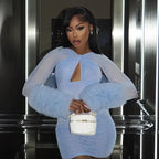 2025 Autumn Furry Patchwork Dress Women See Through Full Sleeve Sexy Hollow Cross Elegant Luxury Banquet Birthday Party Clubwear