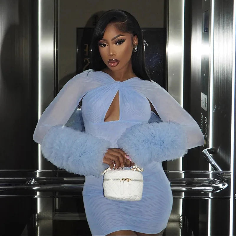 2025 Autumn Furry Patchwork Dress Women See Through Full Sleeve Sexy Hollow Cross Elegant Luxury Banquet Birthday Party Clubwear