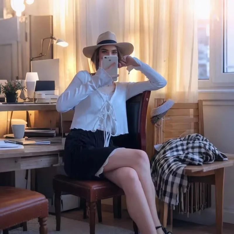 Casual Knitted Cardigan Women Fashion Thin Sunscreen Lace-Up Knitwear Tops Y2k Girls Korean Style Flare Sleeve Cropped Coat