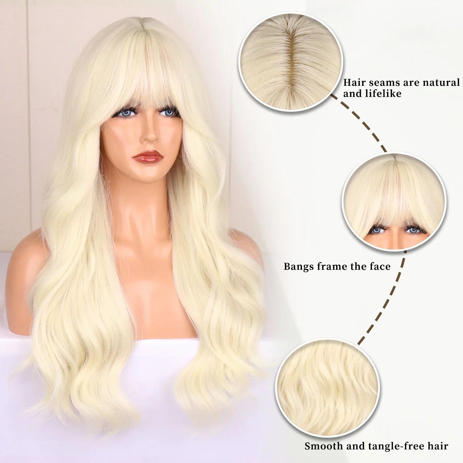Blonde synthetic wig with straight bangs Ladies Cosplay wig High temperature silk wig set with big waves and long curly hair