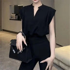 Black V-neck Short Shirt Summer Crop Top Women's Fashion Sleeveless Shirts Elegant Office Lady Clothes Top Casual Blouse