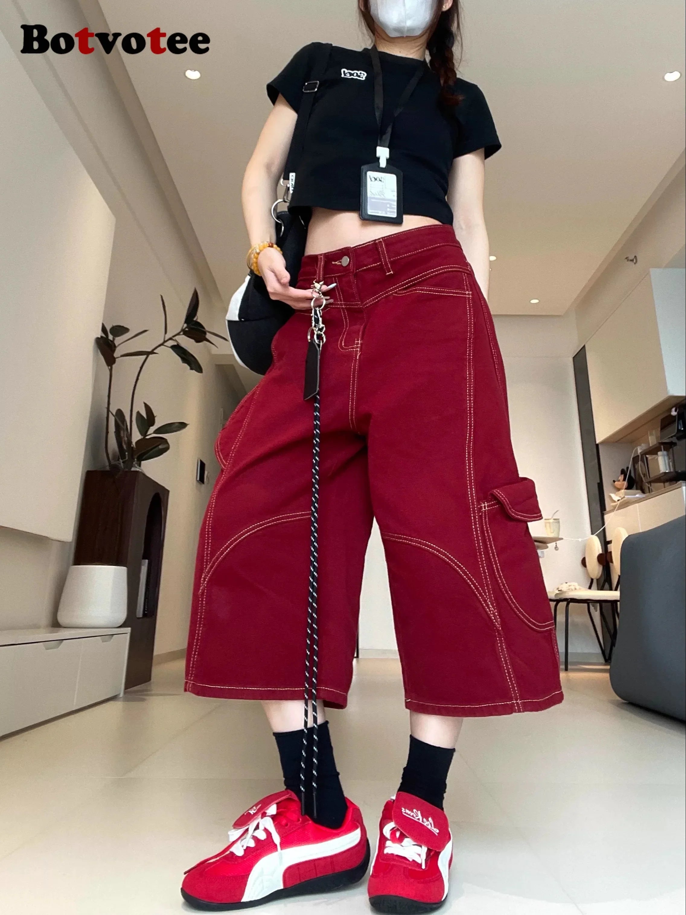Botvotee Burgundy Calf Jeans for Women High Waisted Wide Leg Baggy Cargo Denim Shorts 2000s Y2k Vintage Streetwear Short Jeans