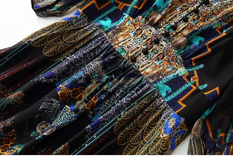 2025 Summer Bohemian Dresses For Women Elegant V-neck High Waist Women's Print Black Dress A-line 100% Real Silk Long Midi Dress