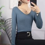 2025 Autumn Winter Women Solid Rib Knit V Neck Stripe Pull Sweater Femme Y2k Long Sleeve Pullover Jersey Tops Fashion Clothes