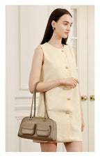 Burminsa Cowhide Genuine Leather Underarm Shoulder Bags For Women 2025 Luxury Designer Korean Bowling Tote Work Ladies Handbags