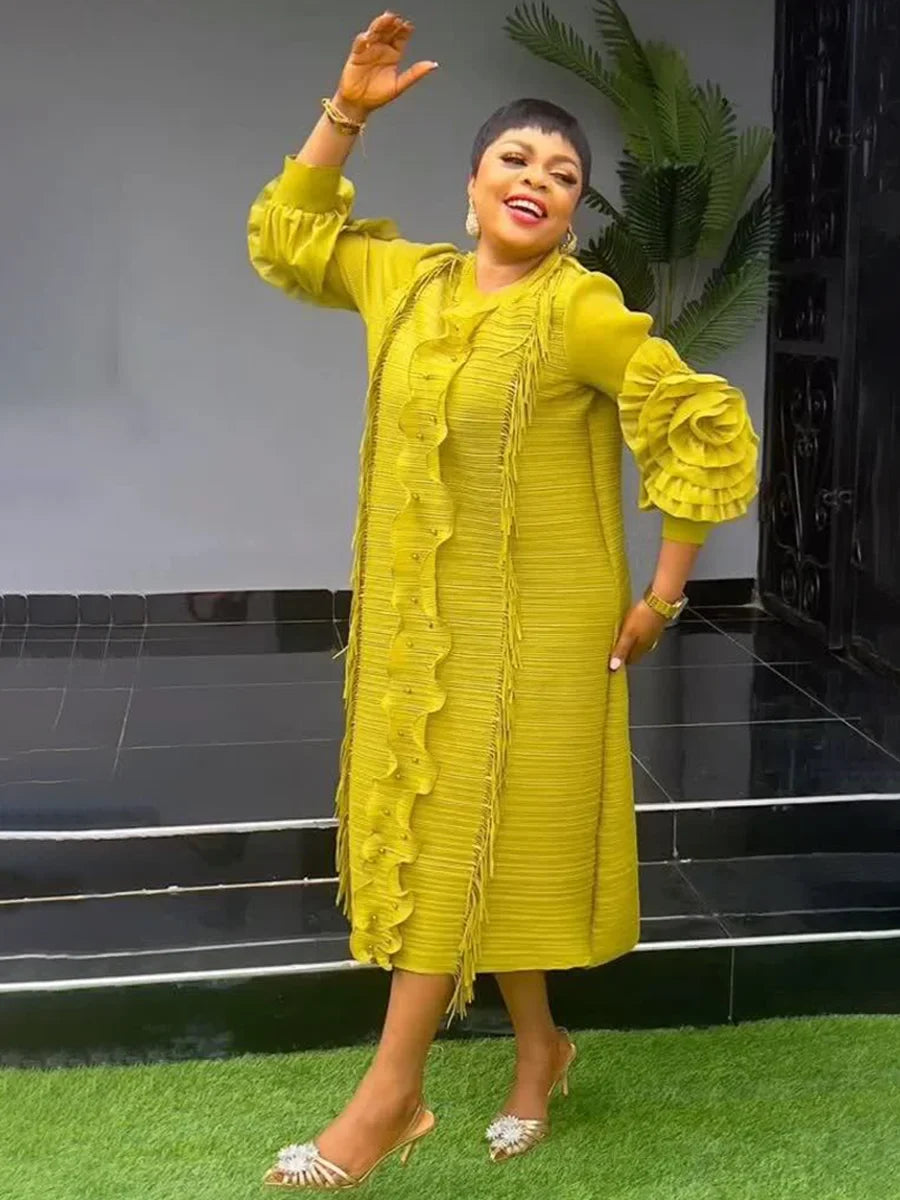 EGRM Miyake Pleated Dress Round Collar Full Sleeve Ruffles High Stretch Loose Dresses for Women 2025 New Autumn Clothing 2G3113