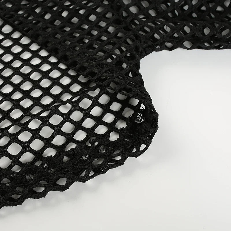 CIBBAR Street Style Fishnet Holes T Shirt See Through Hollow Out Hooded Full Sleeve Crop Top Women Casual Loose Shirt Smock Fall