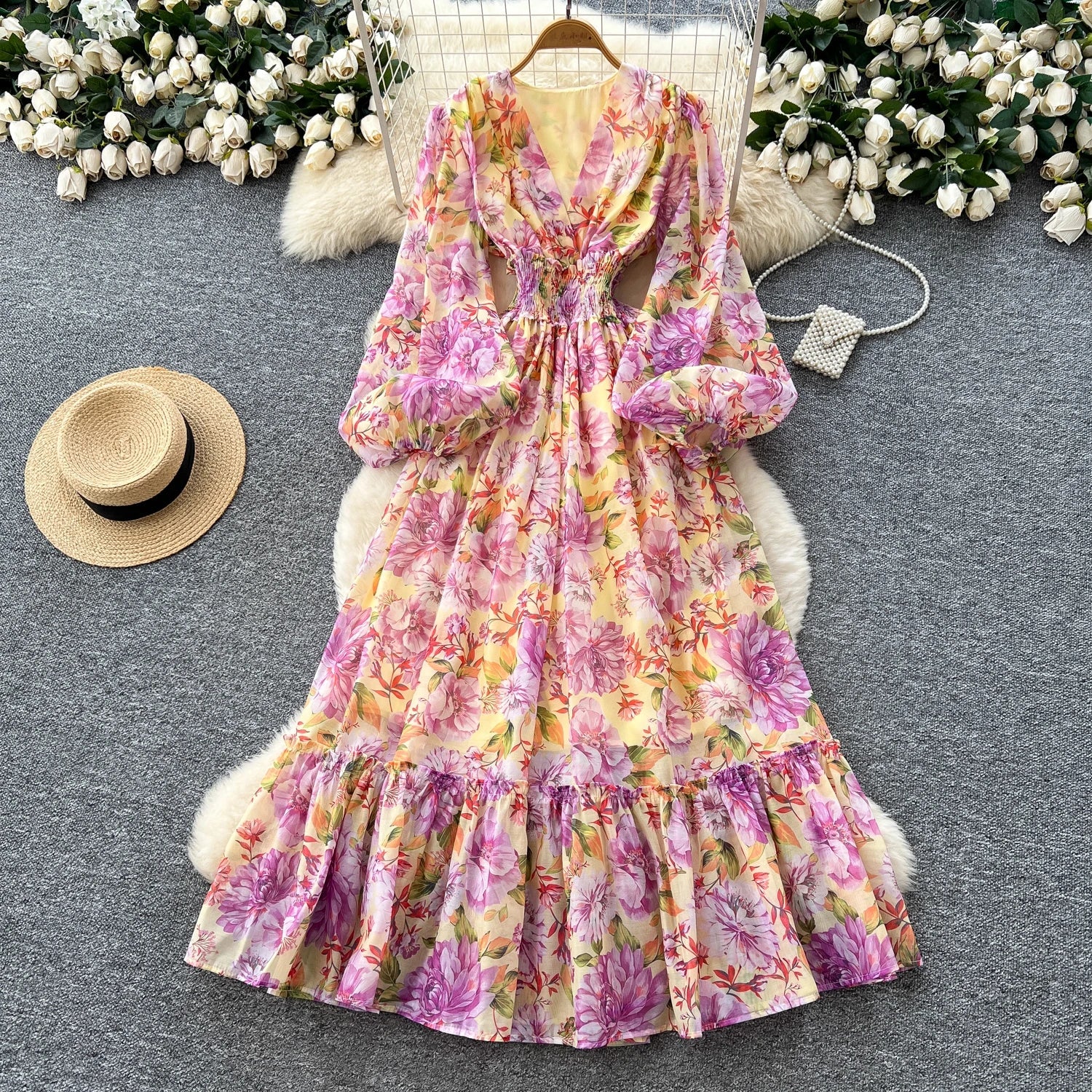Chic vintage long sleeve lantern sleeve V-neck print pleated Elegant Fairy korean dress women clothing Long dress