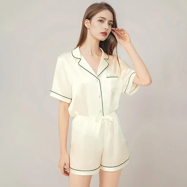 100% Real Mulberry Silk Womens Pajamas Set Sleepwear Pjs Button Down Short Sleeve Shirt Top and Shorts Loungewear 2 Piece M-4XL