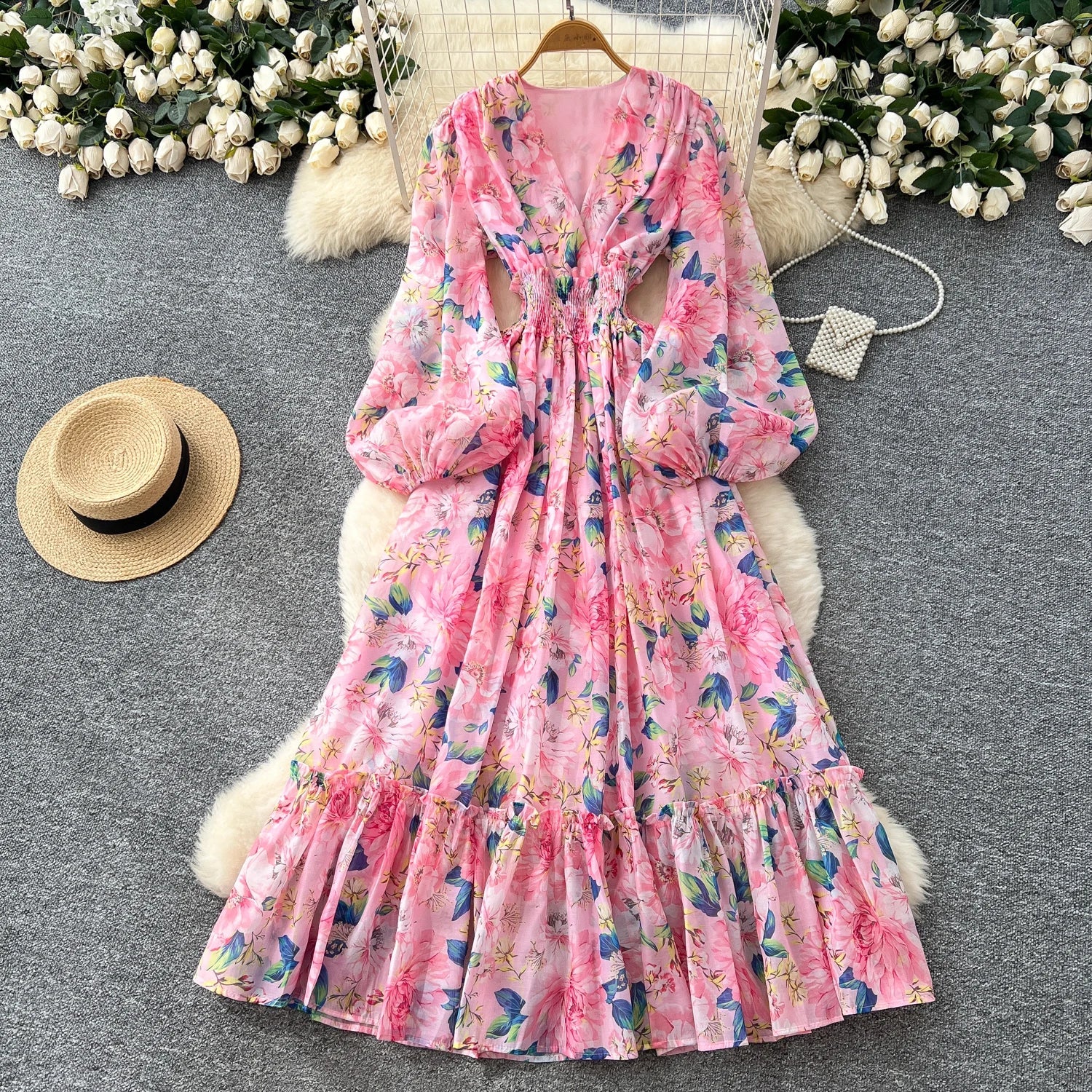 Chic vintage long sleeve lantern sleeve V-neck print pleated Elegant Fairy korean dress women clothing Long dress