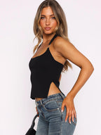 Dulzura Sleeveless Halter Side Slit Top With Button Sexy Casual Tank Party Club Streetwear Women'S Autumn Winter Clothes