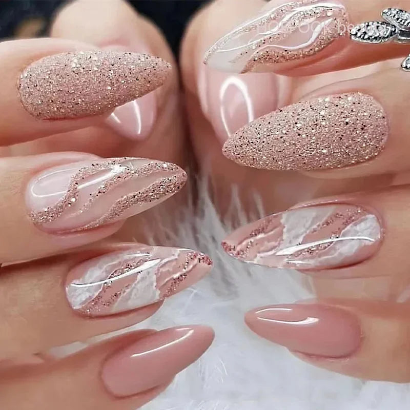 24pcs Nude French Fake Nails White Edge Almond False Nails Art Full Coverage Removable Waterproof Artificial Press on Nail