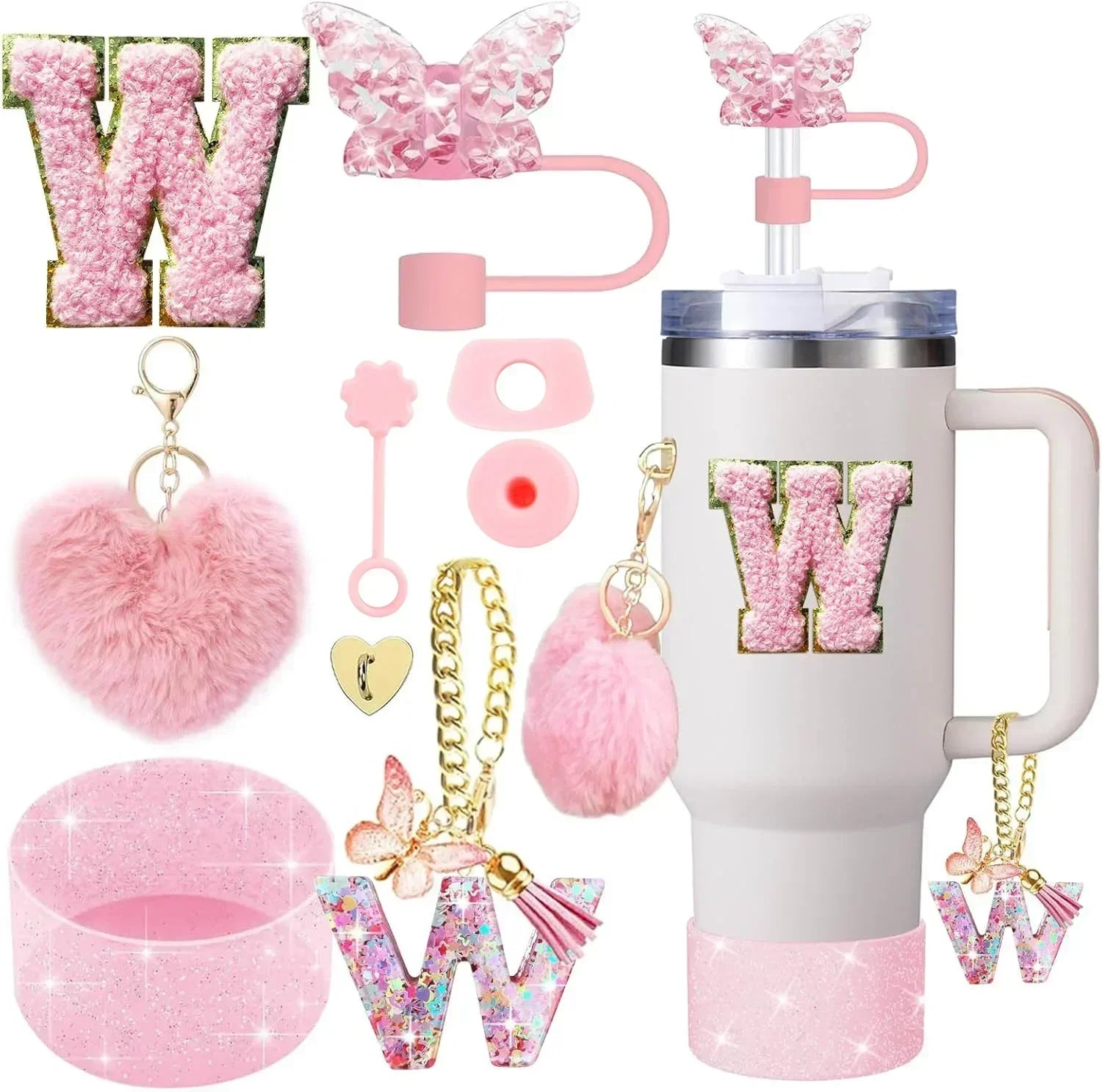 9PCS Accessory Set for Stanley Cup 30oz 40oz Butterfly Straw Cover Cap Silicone Boot Charm Initials Sticker Spill Proof Stopper
