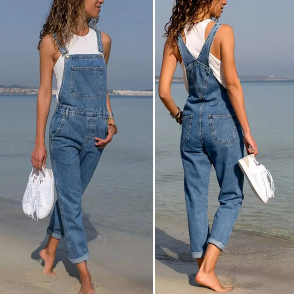 Denim Overalls with Pockets Distressed Denim Overalls Stylish Plus Size Denim Jumpsuit with Adjustable Straps Side Pockets