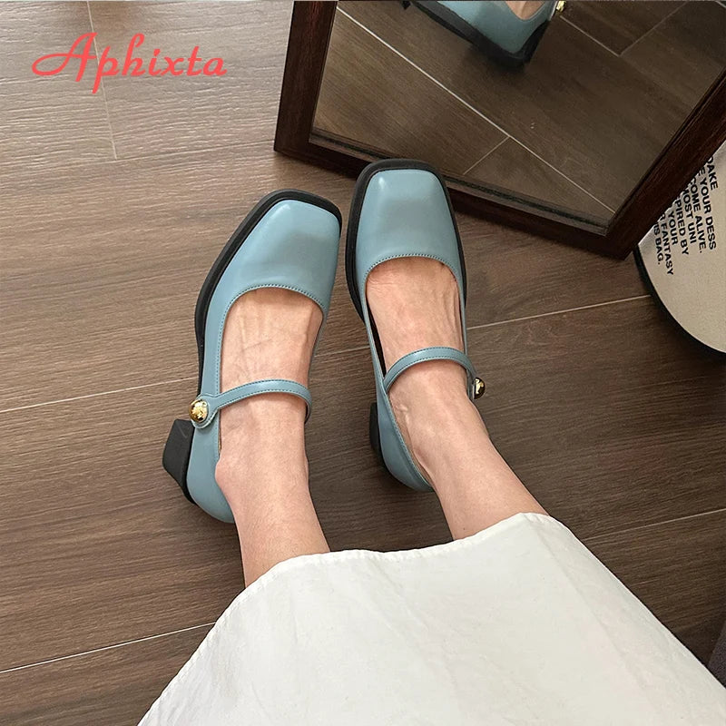 Aphixta Low Heels Mary Janes Square Heels Patent Leather Pumps Shoes Woman Classics Dress Official Pumps Party Plus Size 43