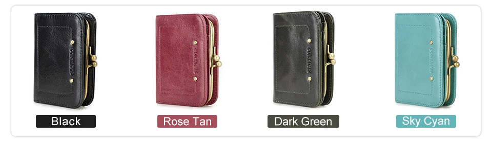 CONTACT'S Genuine Leather Short Wallets for Women Kiss Lock Classic Wallet Metal Frame Coin Purses Card Holder Money Clip Bags