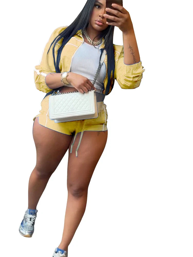 2025 Trendy Woman Clothes Sets Y2k Lounge Tracksuit Contrast Color Long Sleeve Zip Windbreaker Jacket Shorts 2 Piece Set Outfits