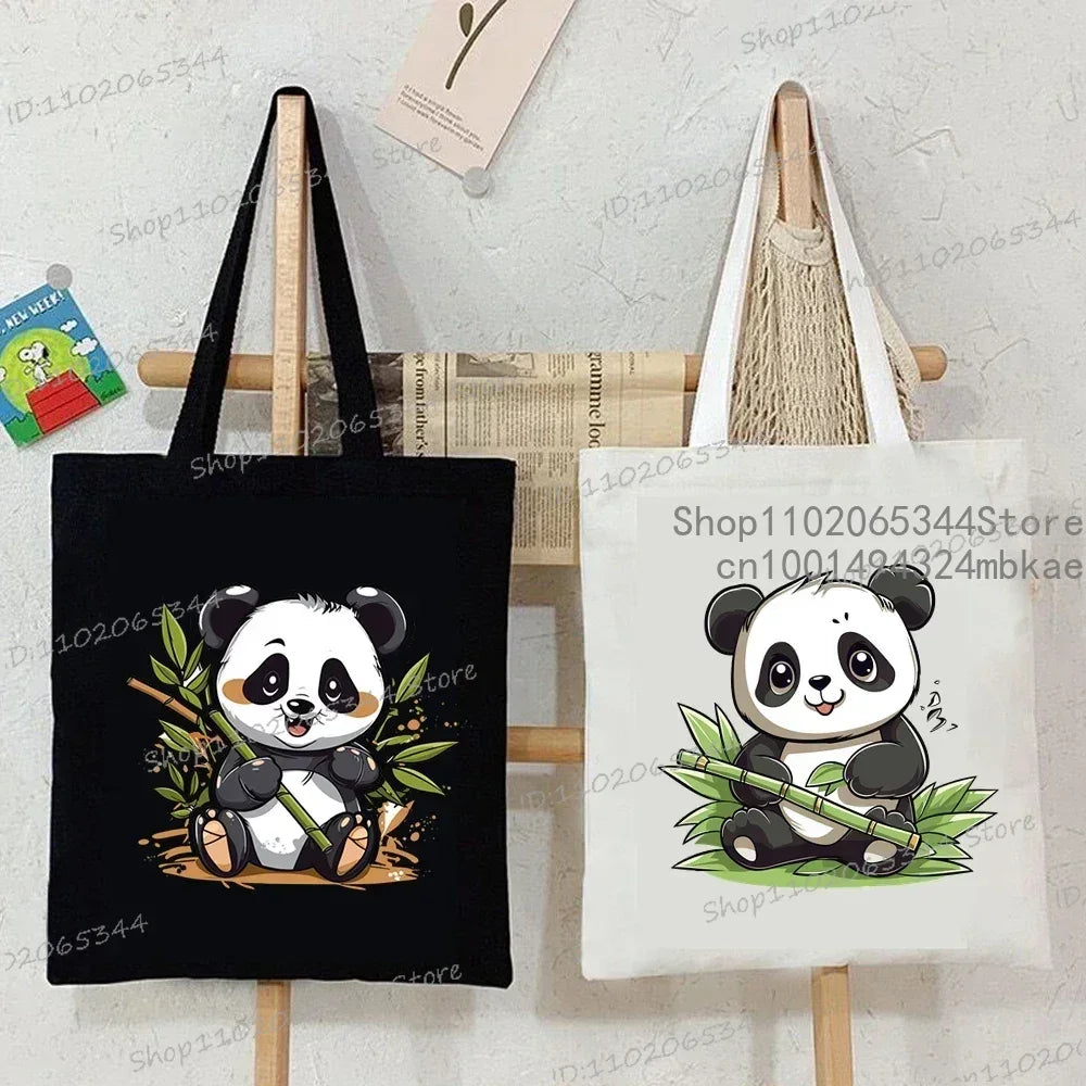 Canvas Bag for Women Cartoon Panda Printed Shopper Handbags Storage Reusable Canvas Shoulder Bag China Panda Female Tote Bag