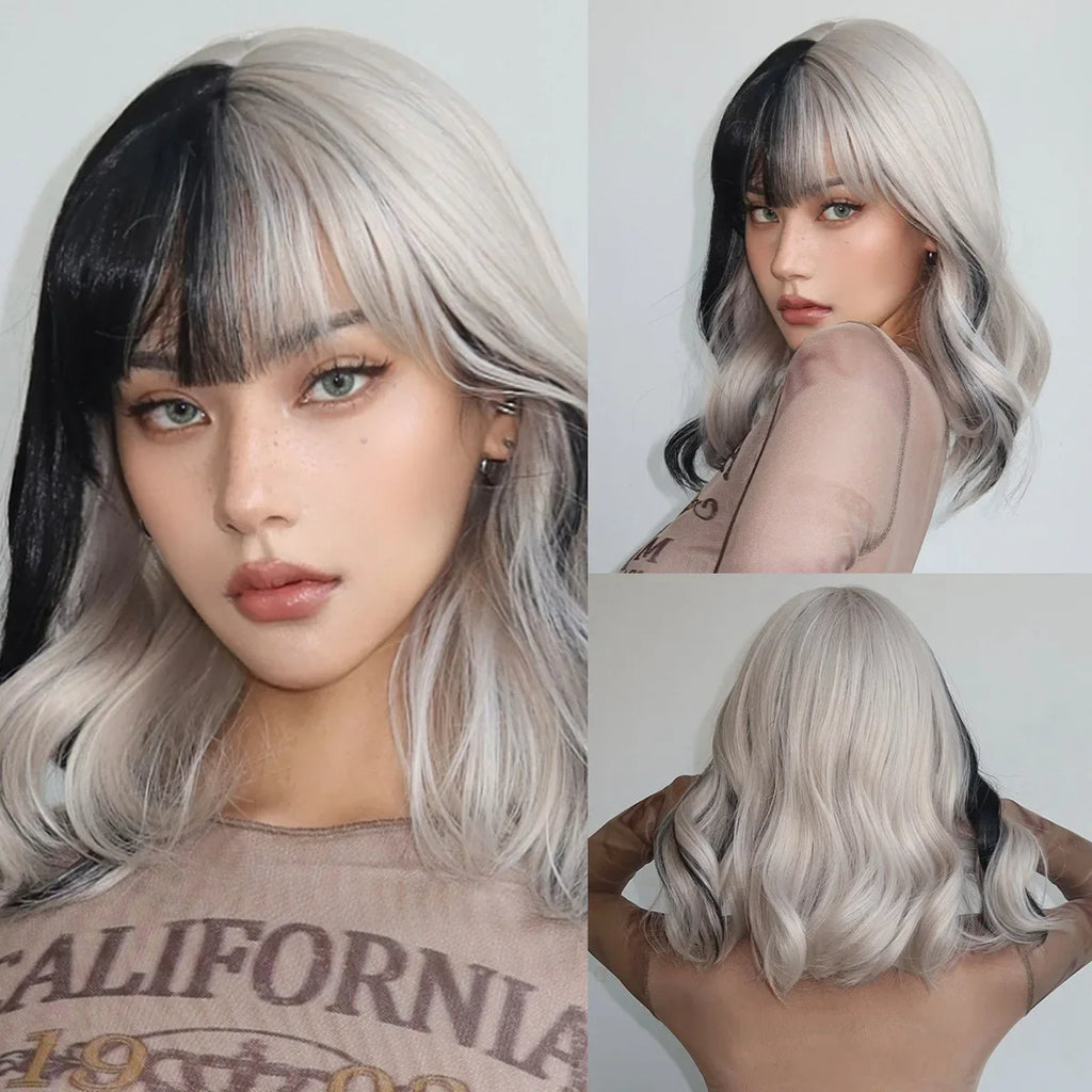 Allbell Magique Short Wavy Wig Bob Curly Wig With Bangs Dirty Orange Lolita Wigs Natural Synthetic Wig For Woman Heat Resistant