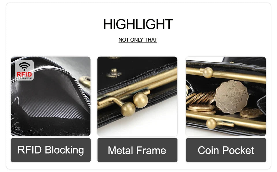 CONTACT'S Genuine Leather Short Wallets for Women Kiss Lock Classic Wallet Metal Frame Coin Purses Card Holder Money Clip Bags