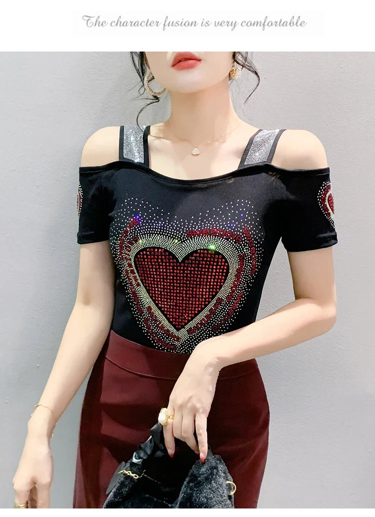 Aoxison Summer Short Sleeved Women's T-Shirt Elegant Slim Shiny Love Heart Diamonds Mesh Tops Chic Girl Sexy Off Shoulder Tees