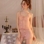 ElyraLux Women Harness Pajama Suspender Shorts for Women Pajamas Set Lace Silk Lingerie Pyjamas Shorts Set Pink lace pajamas