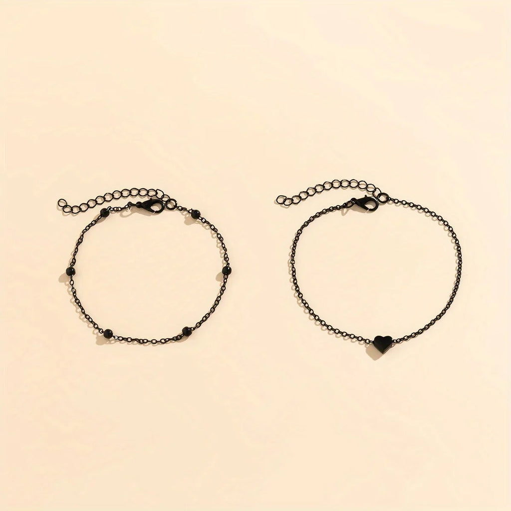 Double Tiny Heart Chain Anklets for Men Women Teen Girls, Black Tone, Ankle Bracelets Hypoallergenic Adjustable