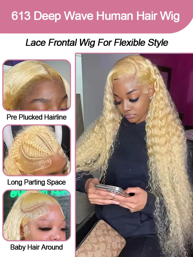 Deep Wave 13x6 HD Lace Frontal Human Hair Wig 30 40 Inch Curly 613 Honey Blonde Water Wave 13x4 Lace Front Wigs For Women 250%