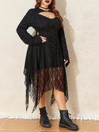 Halloween Plus Size Women's Gothic Lace Flare Sleeve A-Line Midi Dress Ladies Asymmetrical Hem Punk Party Costplay Dress 1XL-6XL