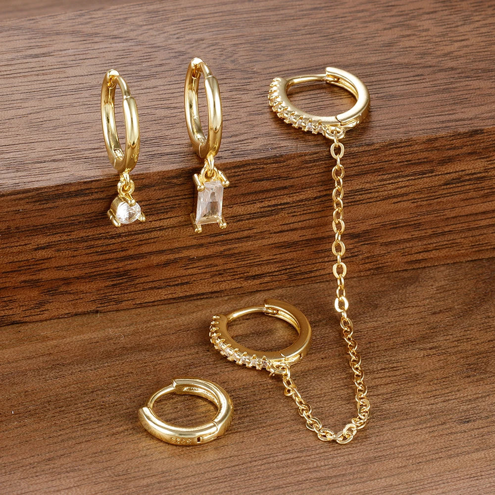 4PCS Exquisite Stainless Steel Long Chain Pendant Earrings Set for Woman Little Huggies Hoop Earrings Cartilage Piercing Jewelry