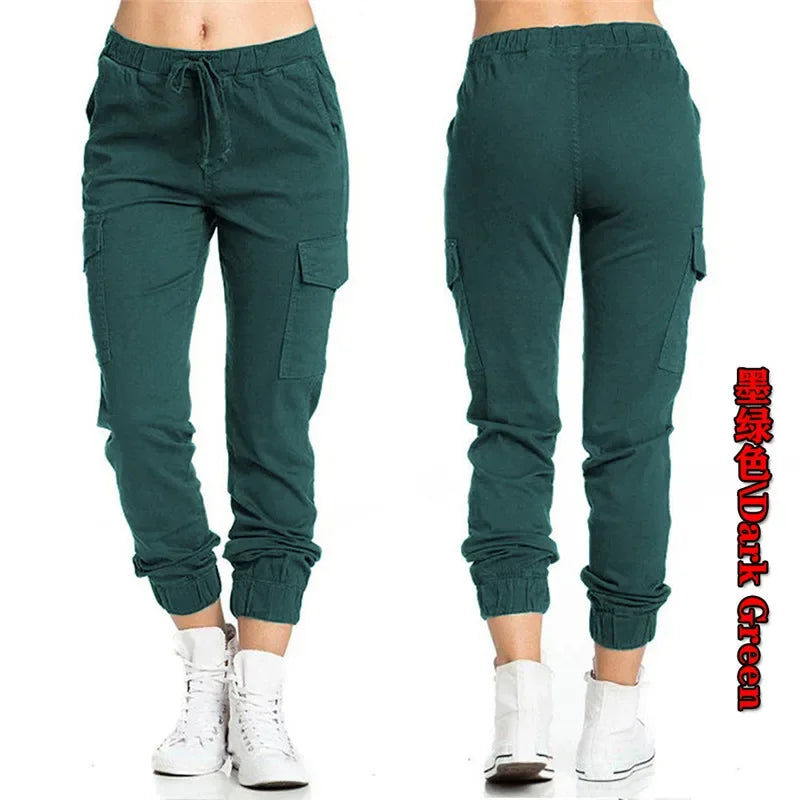 2022 New Solid Jogger Women's Cargo Pants Multi-Pocket Drawstring Elastic Waist Women Sports Pants Streetwear Casual Long Pant