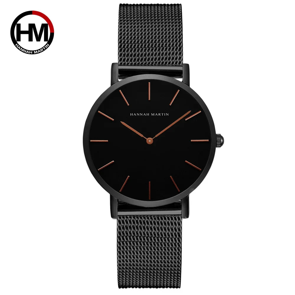 HANNAH MARTIN Brand Classic Women Quartz Watch 36mm Rose Gold Stainless Steel Mesh Strap Japanese Movement Girl Gift Wrist Watch