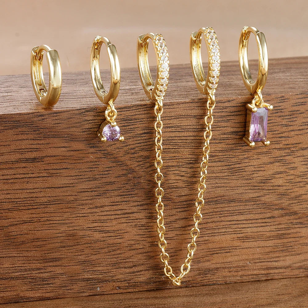 4PCS Exquisite Stainless Steel Long Chain Pendant Earrings Set for Woman Little Huggies Hoop Earrings Cartilage Piercing Jewelry