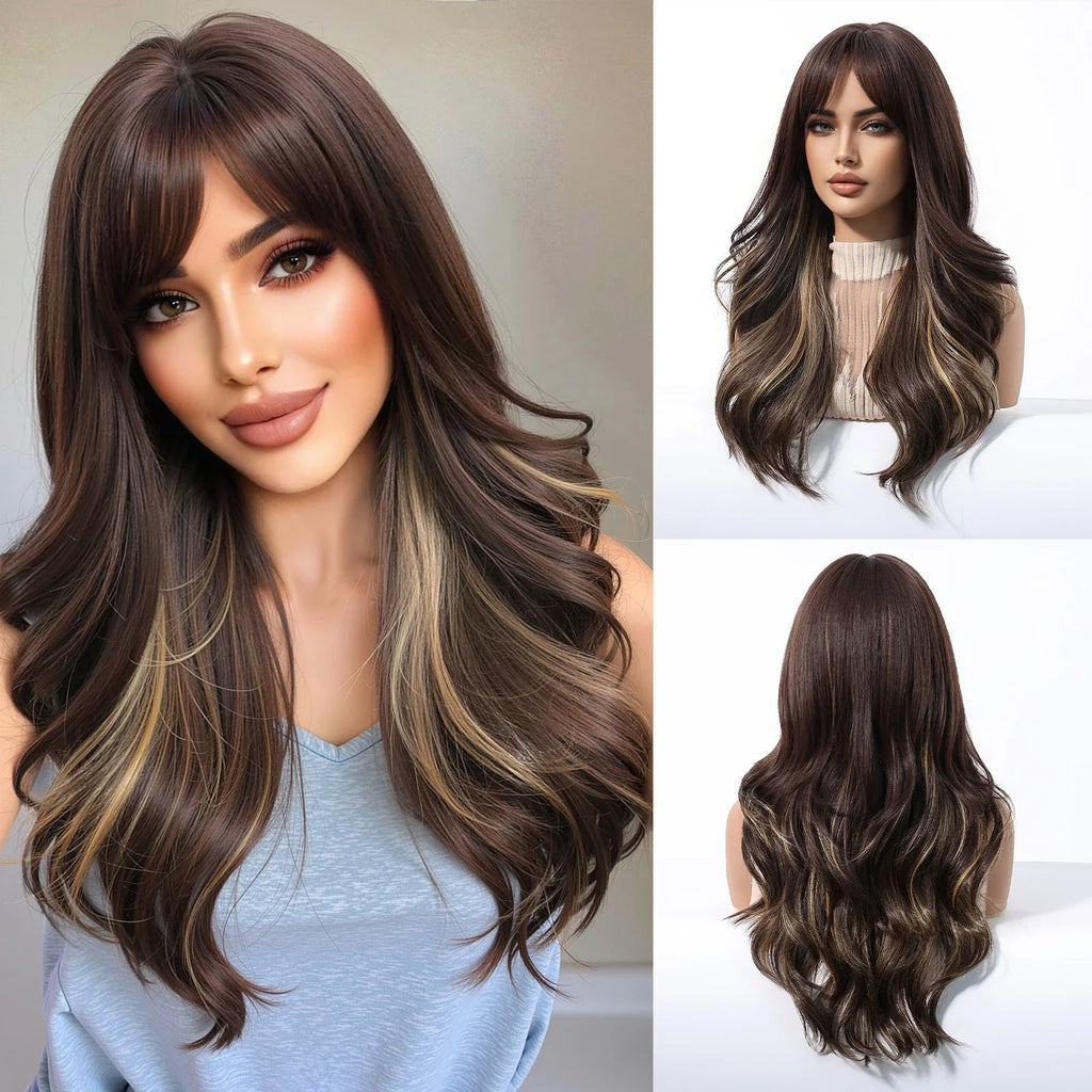 Brown Blonde Highlights Wigs Medium Length Wavy Synthetic Wig With Bangs Natural Body Wave Hair For Women Daily High Temperature