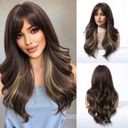 Brown Blonde Highlights Wigs Medium Length Wavy Synthetic Wig With Bangs Natural Body Wave Hair For Women Daily High Temperature