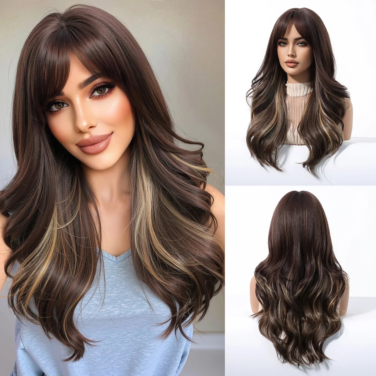 Brown Blonde Highlights Wigs Medium Length Wavy Synthetic Wig With Bangs Natural Body Wave Hair For Women Daily High Temperature