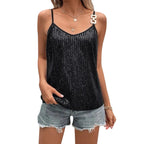 2024 Women´s Summer Sequin Cami Tops Spaghetti Strap V-Neck Sparkle Shimmer Loose Sleeveless Tanks Tops